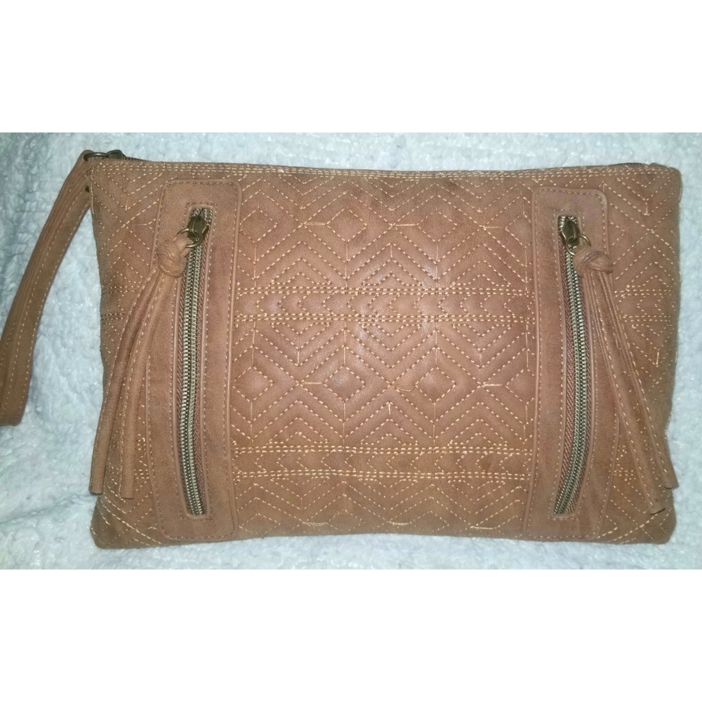 Tan Embroidered Clutch Wristlet